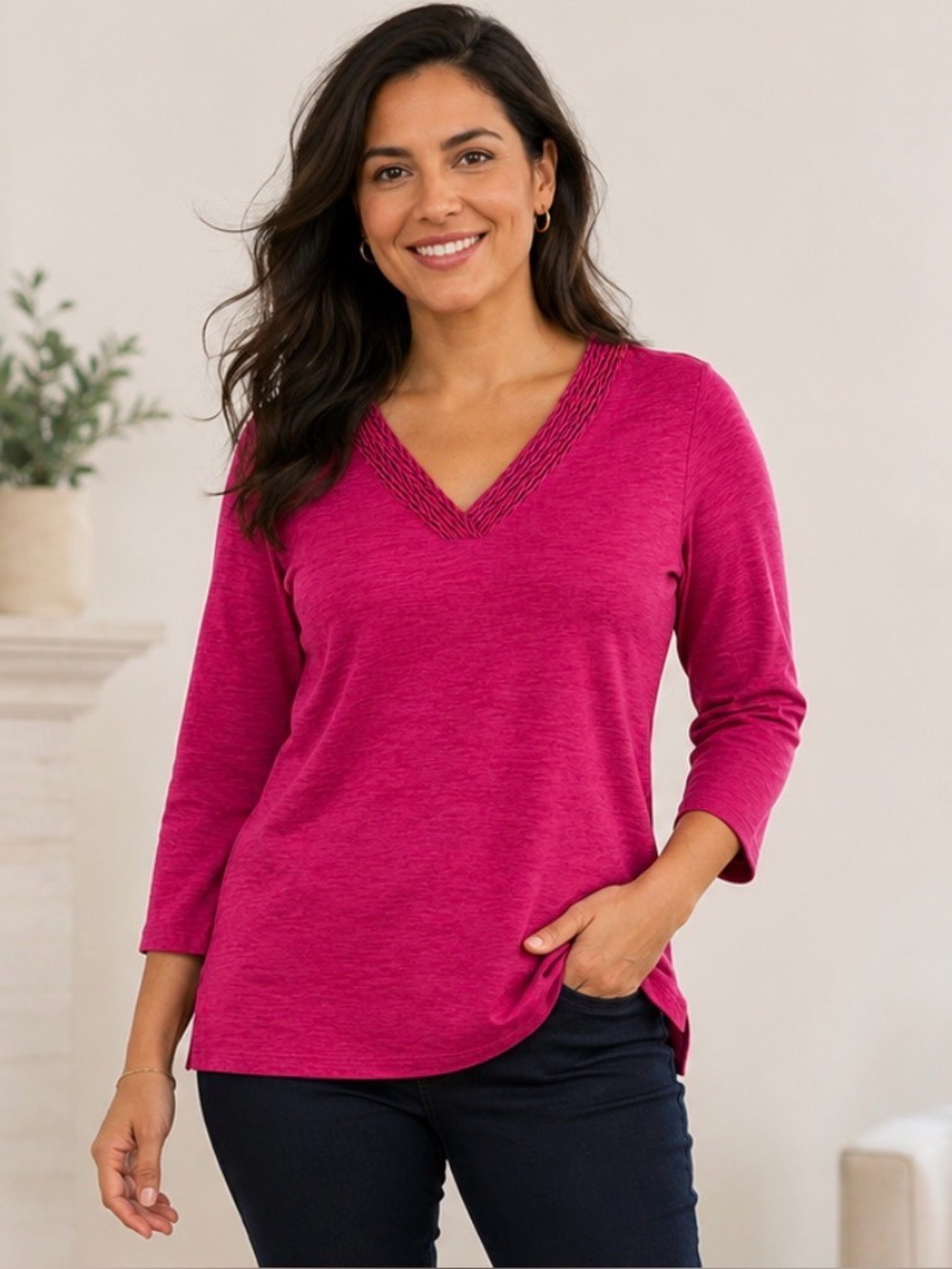 Belle by Kim Gravel Slub Knit Braided Beauty V Neck Top Small NEW A686375